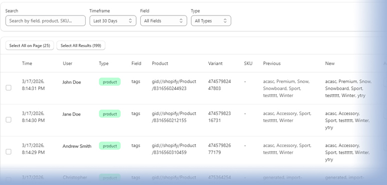 CatalogIQ history view showing recent catalog activity