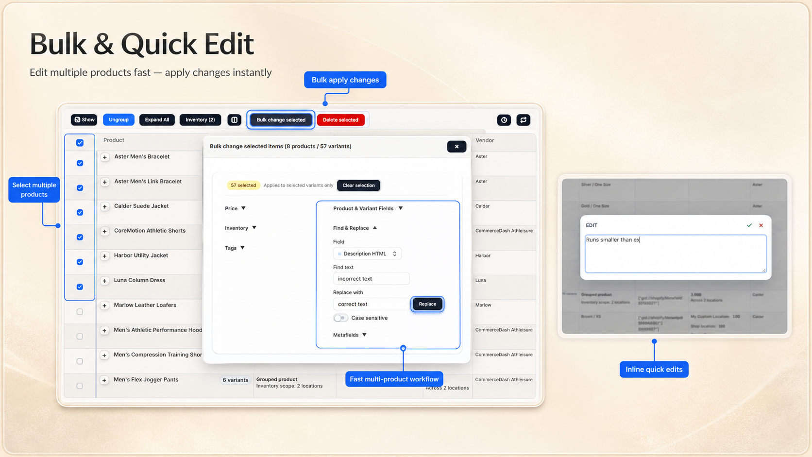 CatalogIQ bulk and quick edit workflow showing selected products, a bulk change modal, and inline quick edits in the product grid